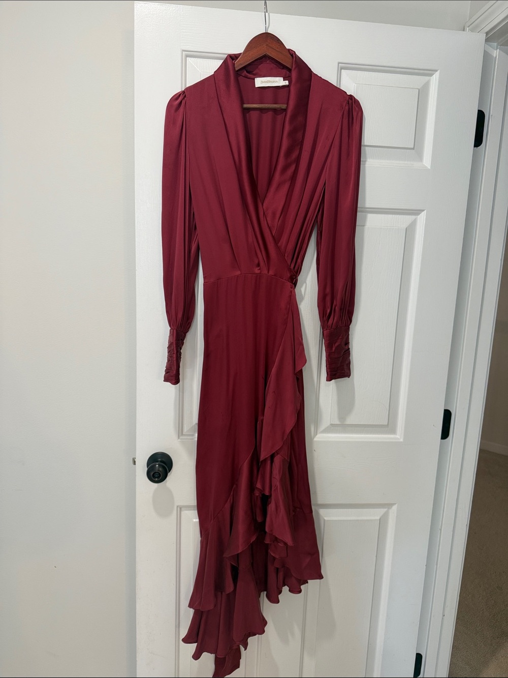 Zimmermann Burgundy Long-Sleeve Ruffle Wrap Midi Dress